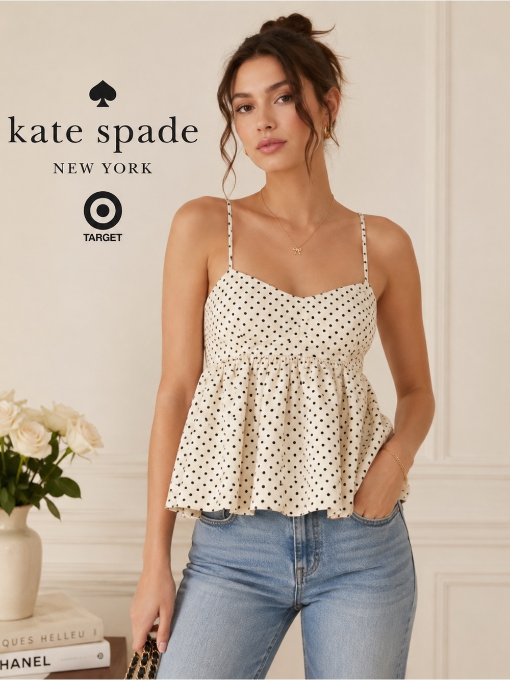 Kate Spade New York x Target Polka Dot Linen Babydoll Tank Top Cream Black M